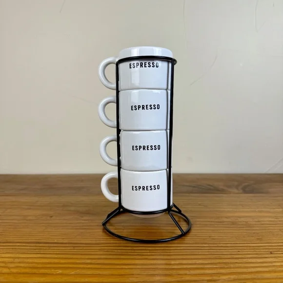 Stacking Espresso Cup Set with Stand | Modern White Ceramic Mugs - Picture 8 of 10